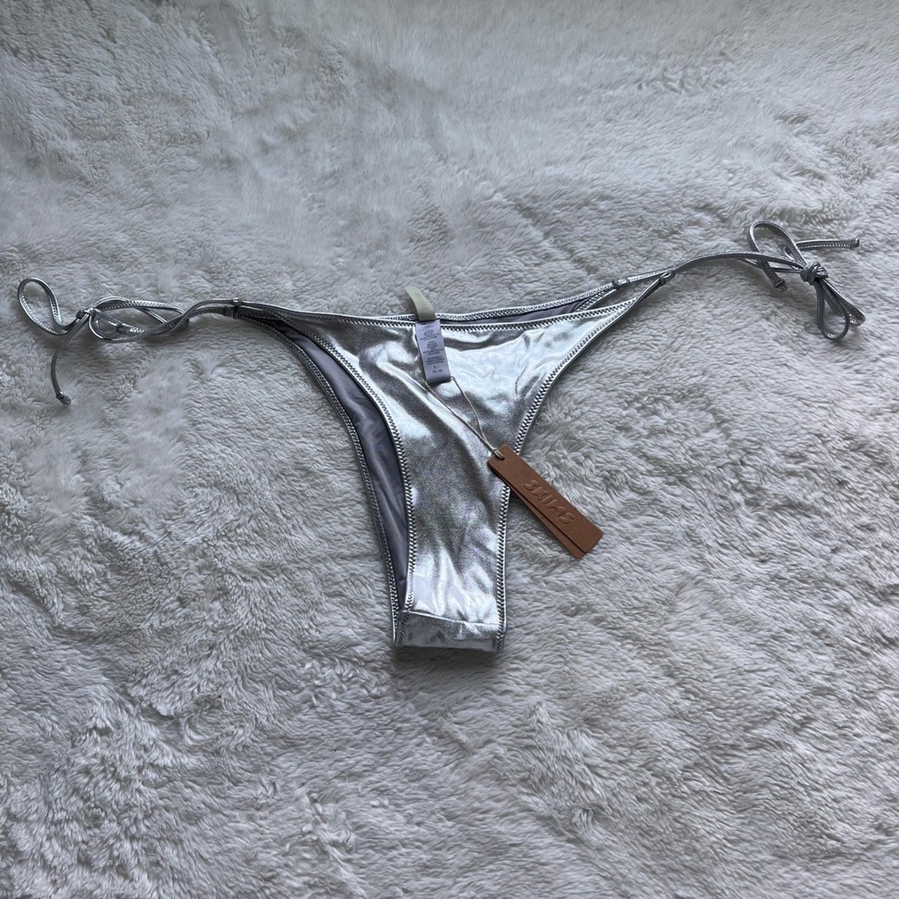 SKIMS Metallic Swim Tie Bikini Bottom Nickel Silver BB-TNG-2804 XL NEW Beachwear